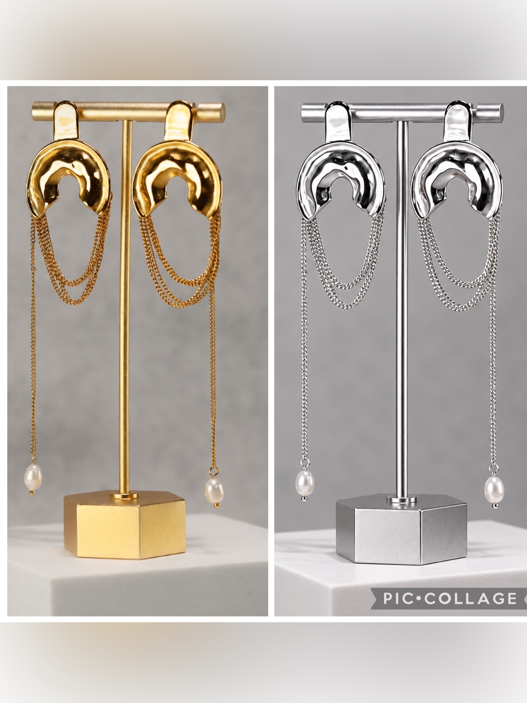 Sculpted Hoop Drop Earrings With Pearl Charm Gold And Silver